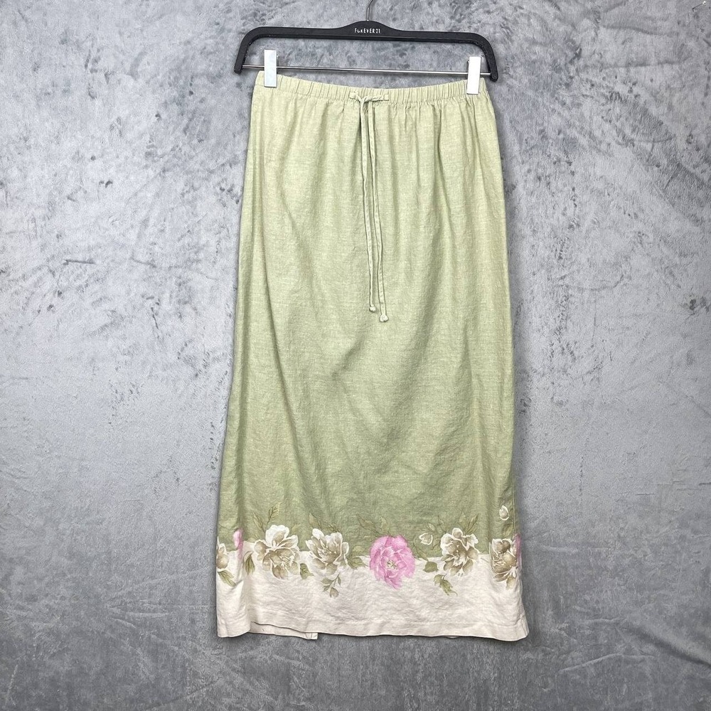 Vintage 90s Sage Green Linen Floral‎ Midi Skirt Cottagecore Boho Fairy Medium